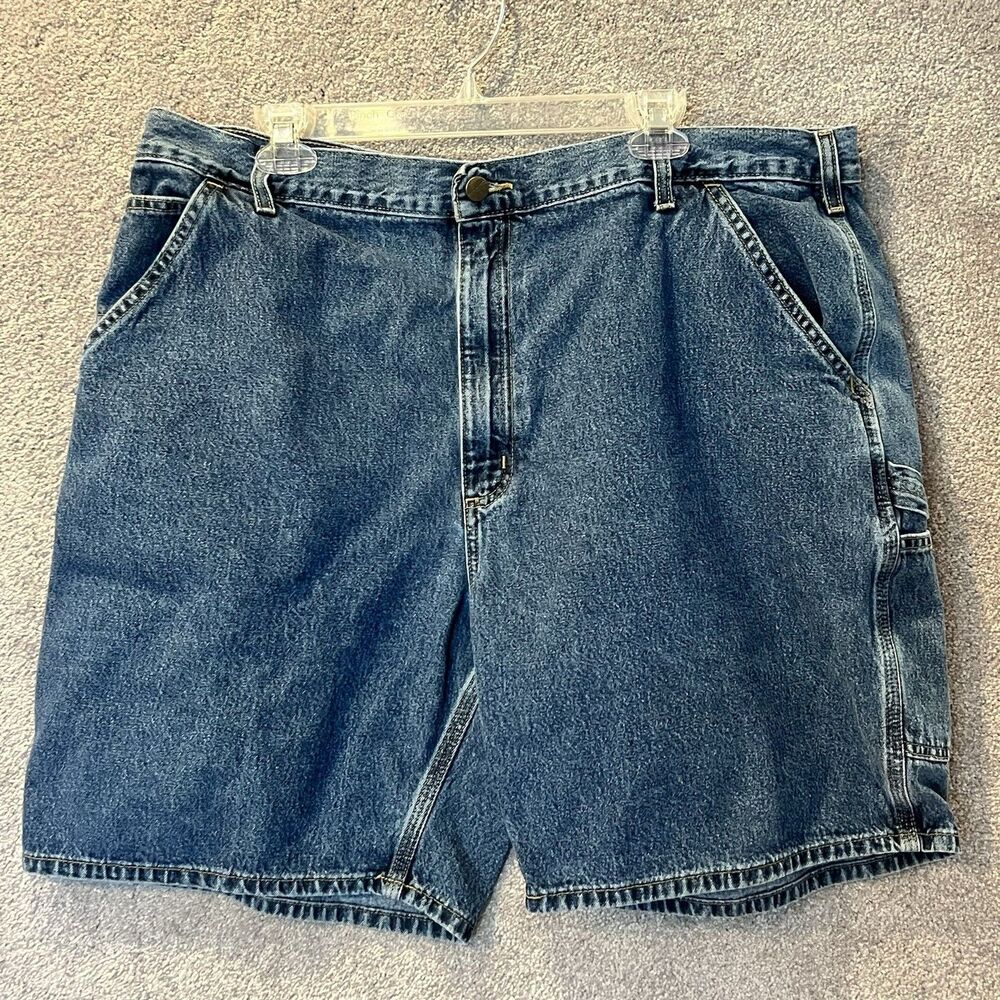 Carhartt Denim Carpenter Shorts Size 42 Blue B28 DST Tag Leather Logo Patch